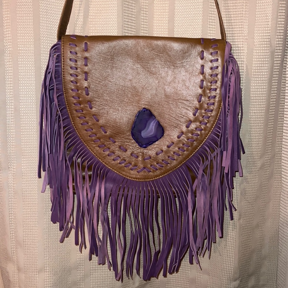 Genuine leather purple suede fringe purple agate slice purse